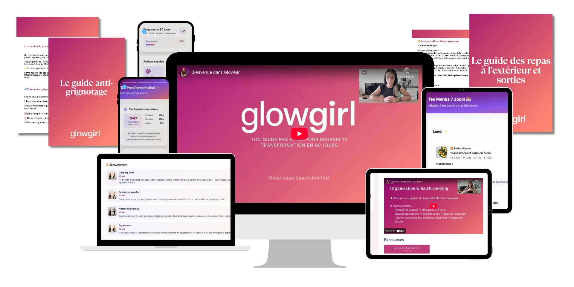 Aperçu du programme GlowGirl : app, recettes, séances et guides